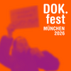 Festivalmotiv DOKfest München 2026: schemenhafte Figur orangefarbenem Hintergrund