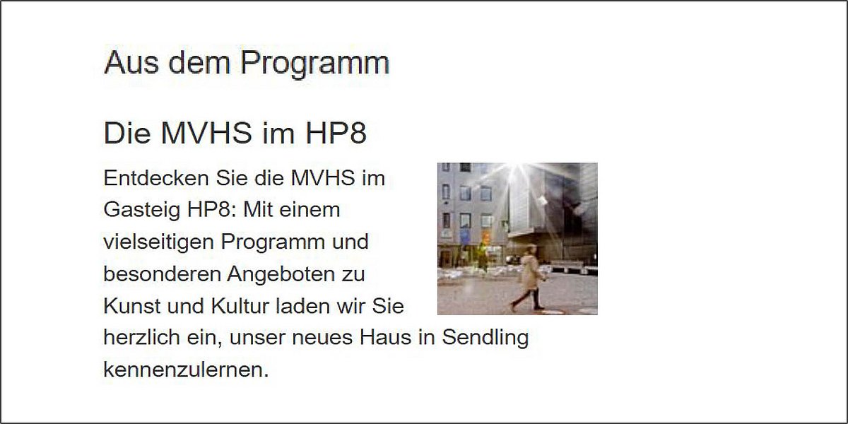 Ausschnitt MVHS-Website: besonderer Kurs mit kurzem Text und Bild