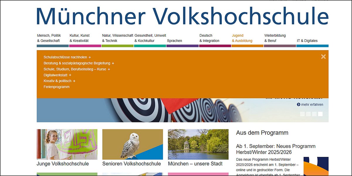 Ausschnitt MVHS-Website: die neun Programmbereiche