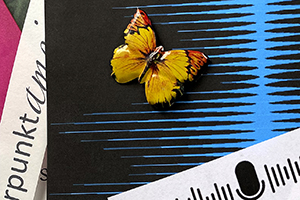 Collagebild mit gelbem Schmetterling und Textfragmenten