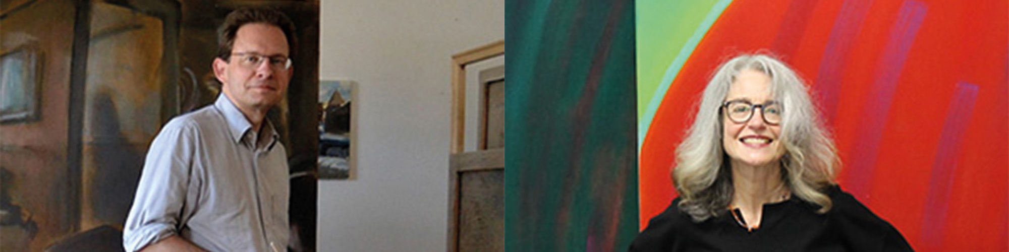 Bildcollage Wolfgang Müller-Jakob und Gloria Gans in ihren Malerateliers