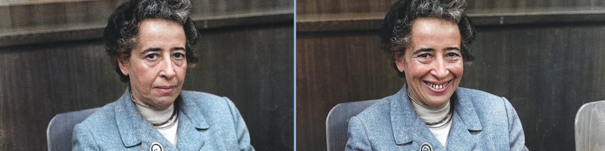 Bildcollage Hannah Arendt: einmal ernst, einmal lächelnd
